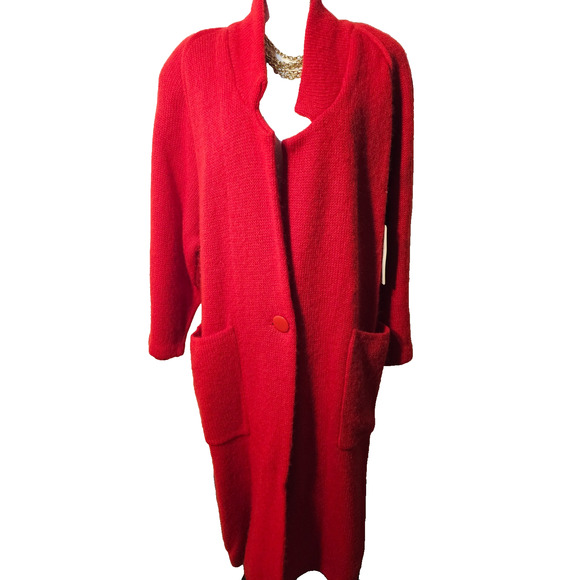 Vtg NWT I.B. Diffusion Red Mohair Blend Long Sweater Coat M Shoulder Pads - Picture 1 of 11